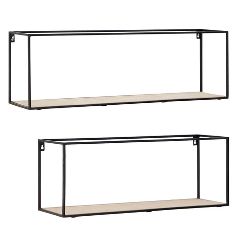 Set of two cuboid wall shelves featuring a minimalist design with a black metal frame and light wood shelves. The top shelf is larger than the bottom shelf, both showcasing open sides for a contemporary look