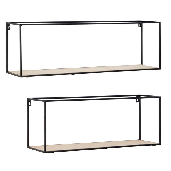 Set of two cuboid wall shelves featuring a minimalist design with a black metal frame and light wood shelves. The top shelf is larger than the bottom shelf, both showcasing open sides for a contemporary look
