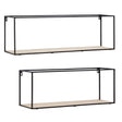 Set of two cuboid wall shelves featuring a minimalist design with a black metal frame and light wood shelves. The top shelf is larger than the bottom shelf, both showcasing open sides for a contemporary look