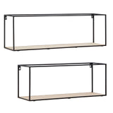 Set of two cuboid wall shelves featuring a minimalist design with a black metal frame and light wood shelves. The top shelf is larger than the bottom shelf, both showcasing open sides for a contemporary look