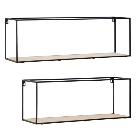 Set of two cuboid wall shelves featuring a minimalist design with a black metal frame and light wood shelves. The top shelf is larger than the bottom shelf, both showcasing open sides for a contemporary look