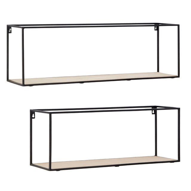 Set of two cuboid wall shelves featuring a minimalist design with a black metal frame and light wood shelves. The top shelf is larger than the bottom shelf, both showcasing open sides for a contemporary look