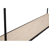 Cuboid wall shelf featuring a light wood surface with a smooth finish, supported by two black metal rods on either side, designed for wall mounting