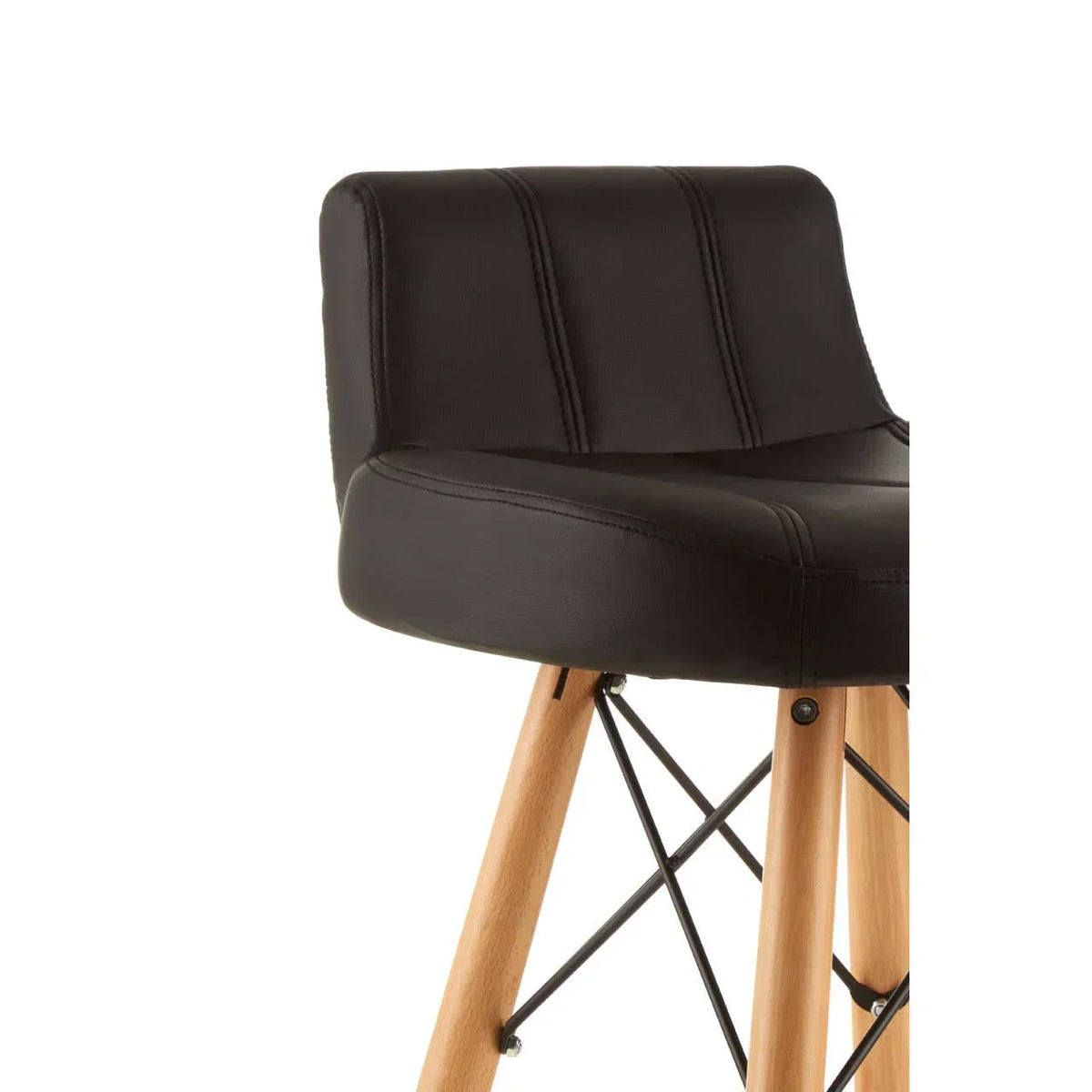 Black faux leather bar stool with stitching detail and wooden angled legs