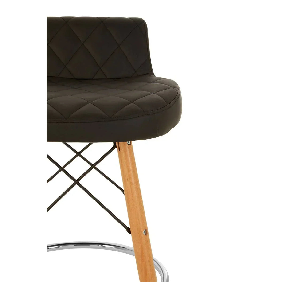 Black quilted bar stool with wooden legs and metal footrest, partial side view