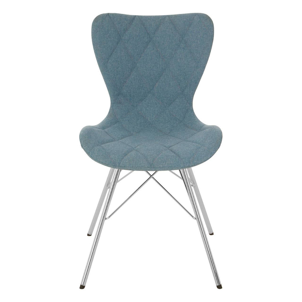 Stockholm Blue Dining Chair featuring a smooth, curved blue seat with a textured finish and sleek metal legs in a silver tone, designed for modern dining spaces