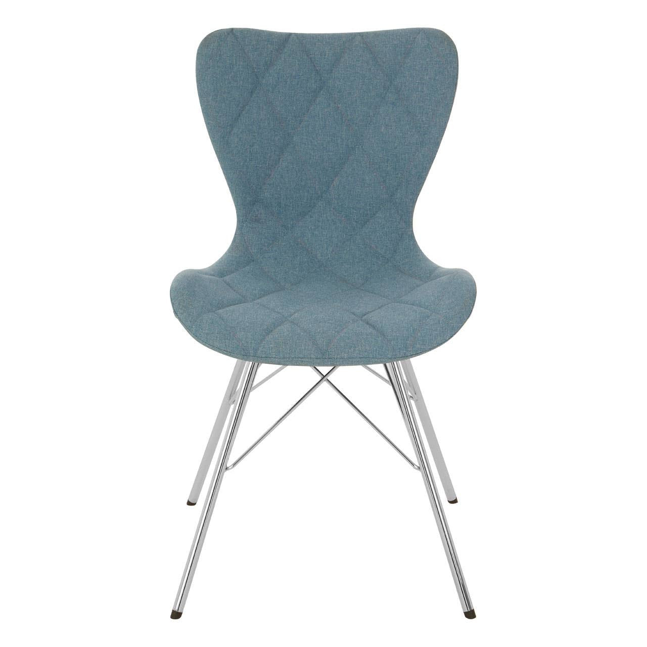 Stockholm Blue Dining Chair featuring a smooth, curved blue seat with a textured finish and sleek metal legs in a silver tone, designed for modern dining spaces