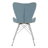 A blue dining chair with a curved backrest and a sleek design, featuring a light blue fabric upholstery and a chrome metal base with crossed legs. The chair is shown from the back, highlighting its modern silhouette and clean lines