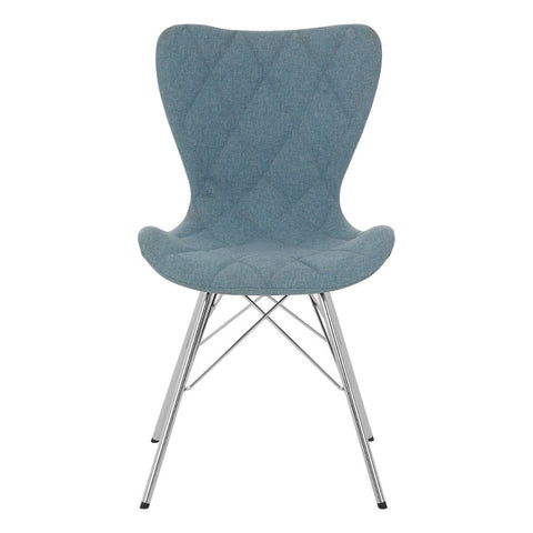 A Stockholm Blue Dining Chair featuring a curved, upholstered backrest in a soft blue fabric with a diamond pattern, supported by sleek, metallic legs. The chair has a modern design suitable for dining spaces