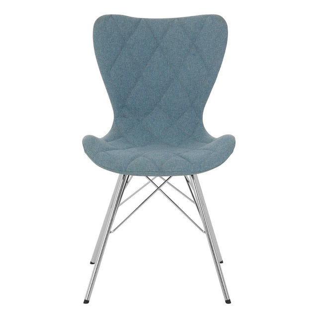 A Stockholm Blue Dining Chair featuring a curved, upholstered backrest in a soft blue fabric with a diamond pattern, supported by sleek, metallic legs. The chair has a modern design suitable for dining spaces