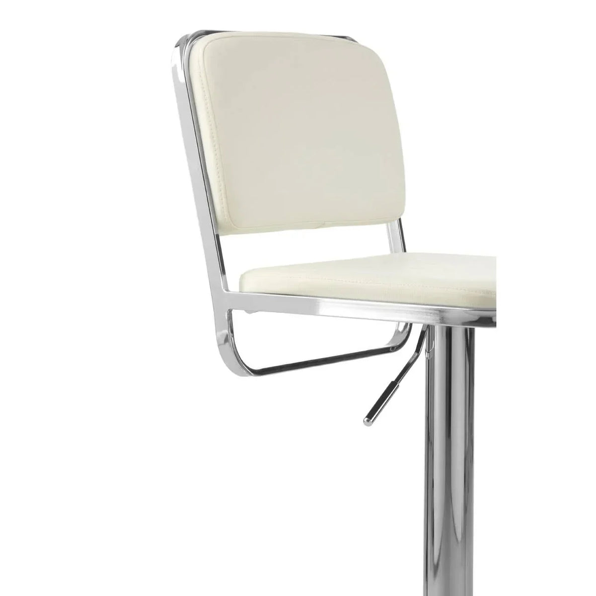 Cream bar stool with chrome frame and padded seat, lever detail visible on side