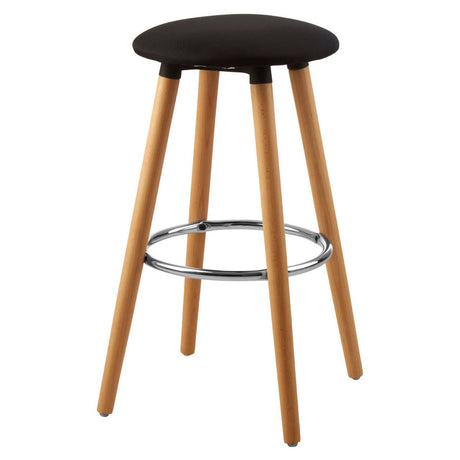 Black round bar stool with a smooth seat and four wooden legs. The legs are light-colored with a chrome footrest connecting them