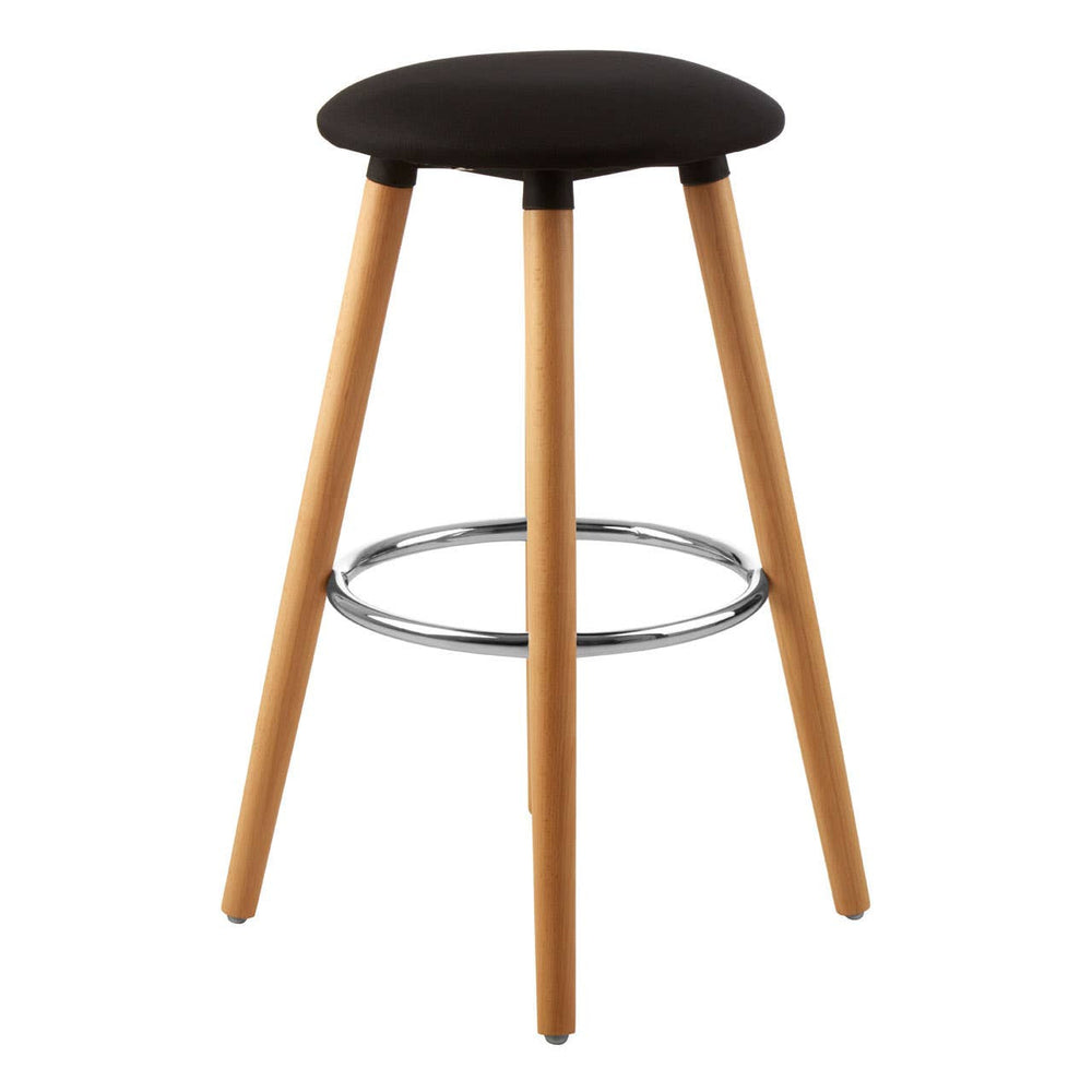 Black round bar stool with a smooth, circular seat and natural wood legs. The legs are tapered and feature a chrome footrest for added comfort