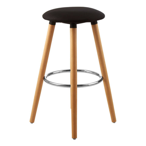 Black round bar stool with a smooth, circular seat and natural wood legs. The legs are tapered and feature a chrome footrest for added comfort