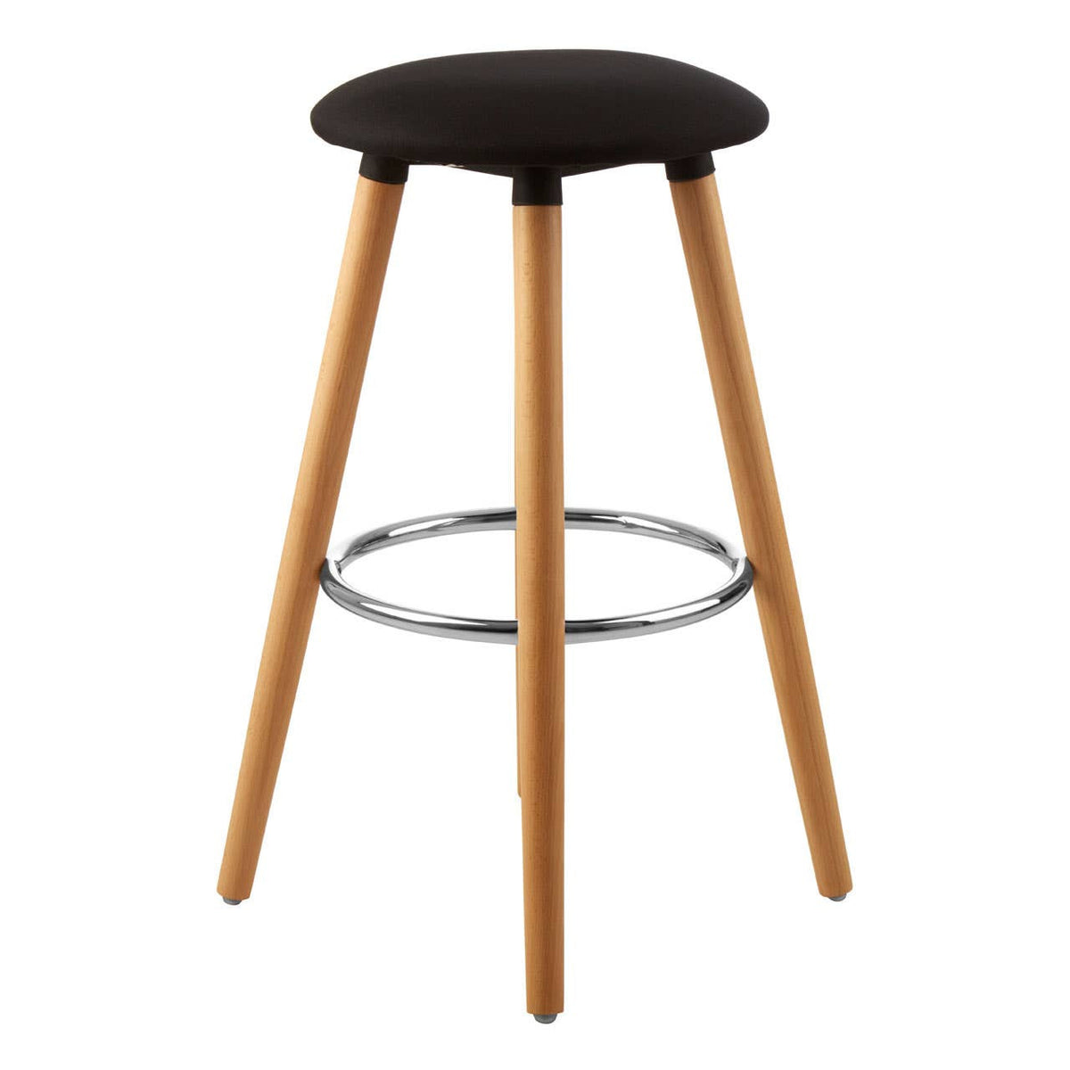 Black round bar stool with a smooth, circular seat and natural wood legs. The legs are tapered and feature a chrome footrest for added comfort