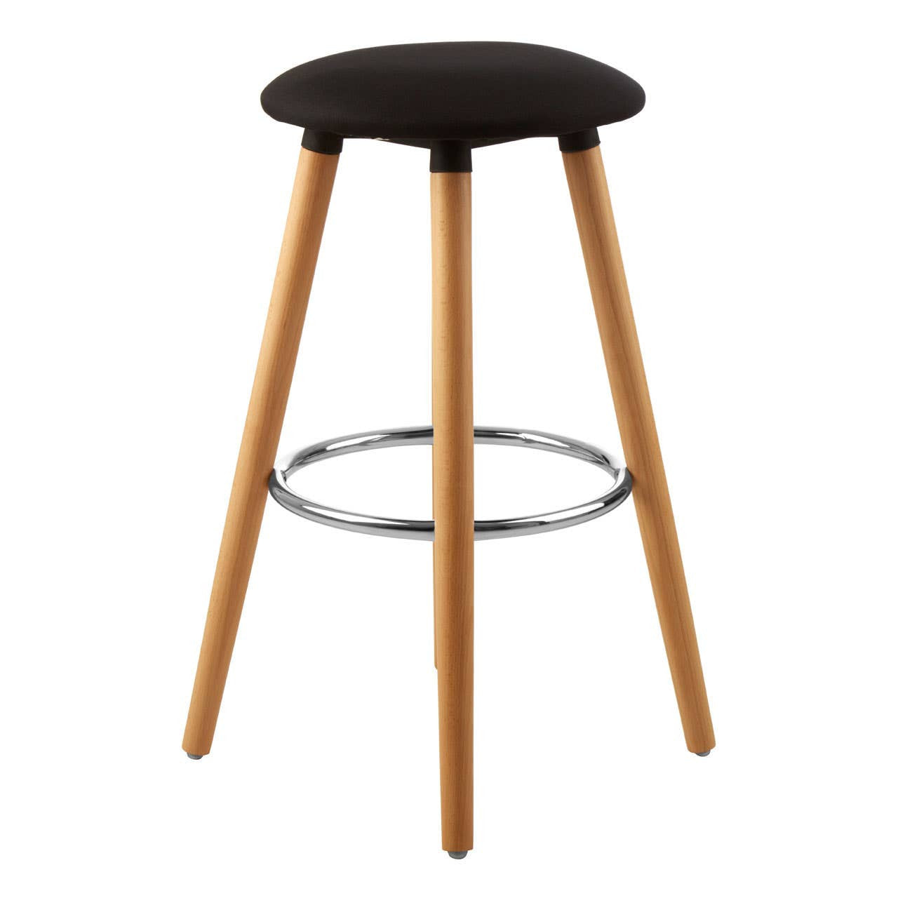Black round bar stool with a smooth, circular seat and natural wood legs. The legs are tapered and feature a chrome footrest for added comfort