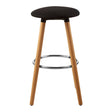 Black round bar stool with a smooth, curved seat and four wooden legs. The legs are light-colored with a natural finish, and there is a chrome footrest connecting two of the legs for added support