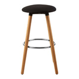 Black round bar stool with a smooth, curved seat and four wooden legs. The legs are light-colored with a natural finish, and there is a chrome footrest connecting two of the legs for added support