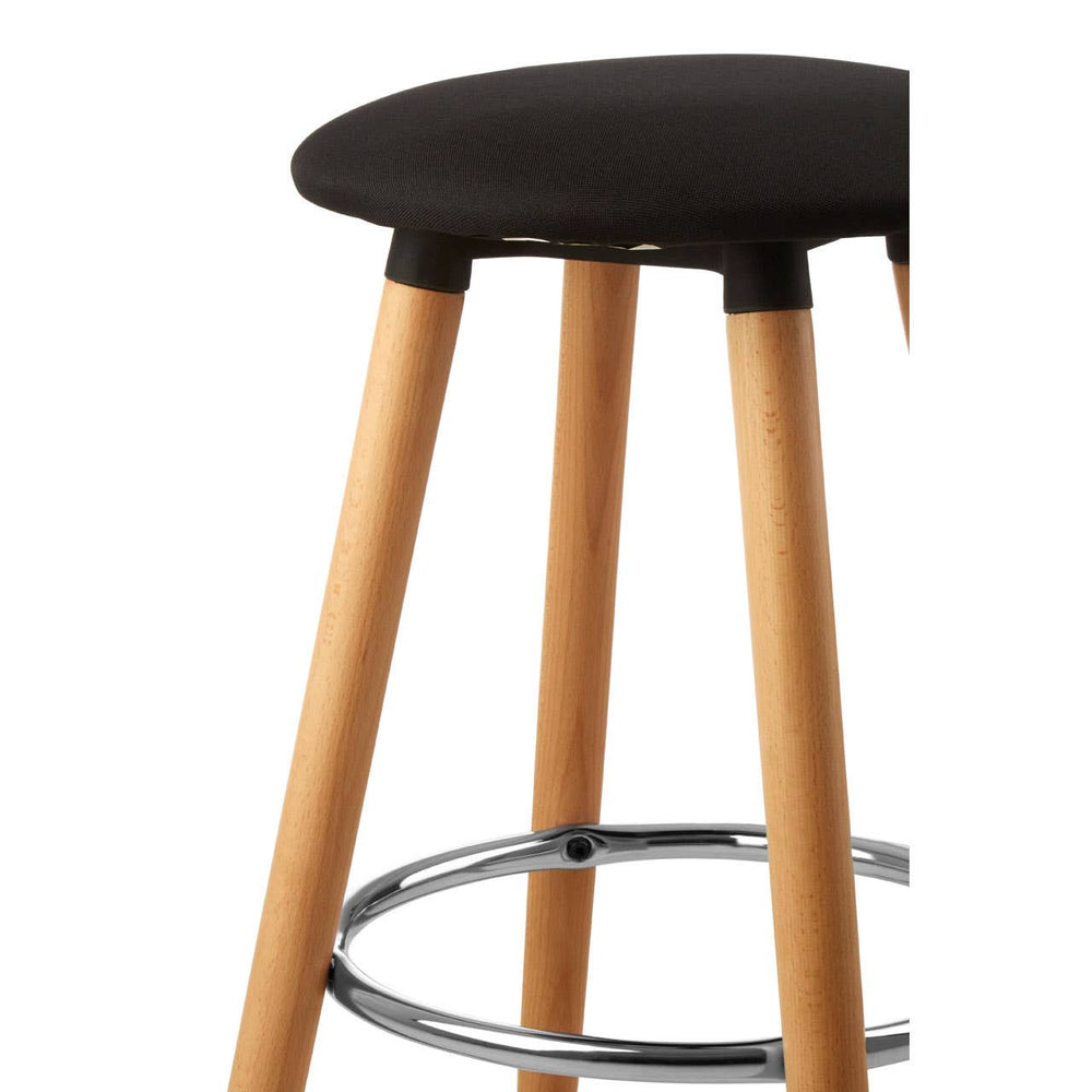 Black round bar stool with a smooth seat and light wooden legs, featuring a chrome footrest for added comfort