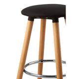 Black round bar stool with a smooth seat and light wooden legs, featuring a chrome footrest for added comfort
