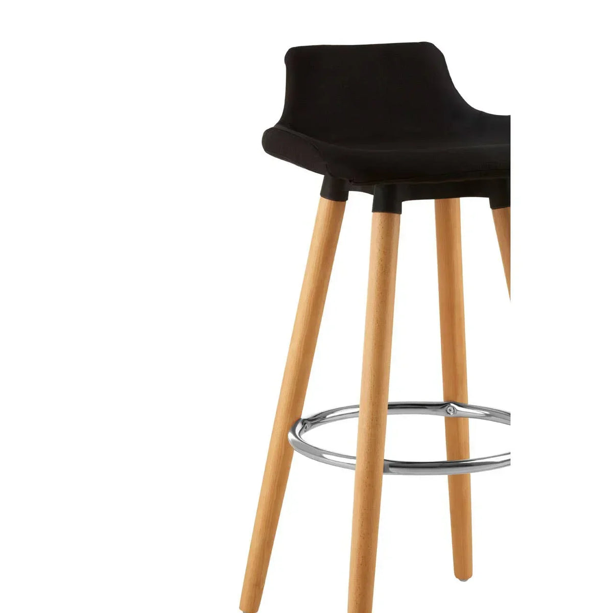 Black bar stool with wooden legs and chrome footrest, partial side view