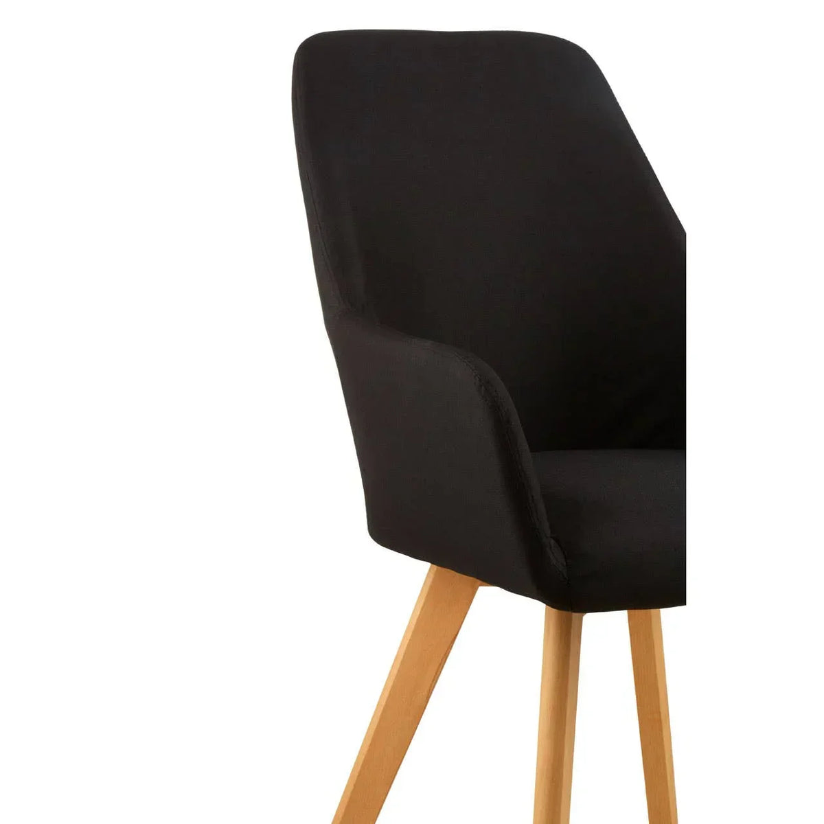 Black fabric dining chair with wooden legs and curved backrest, side view