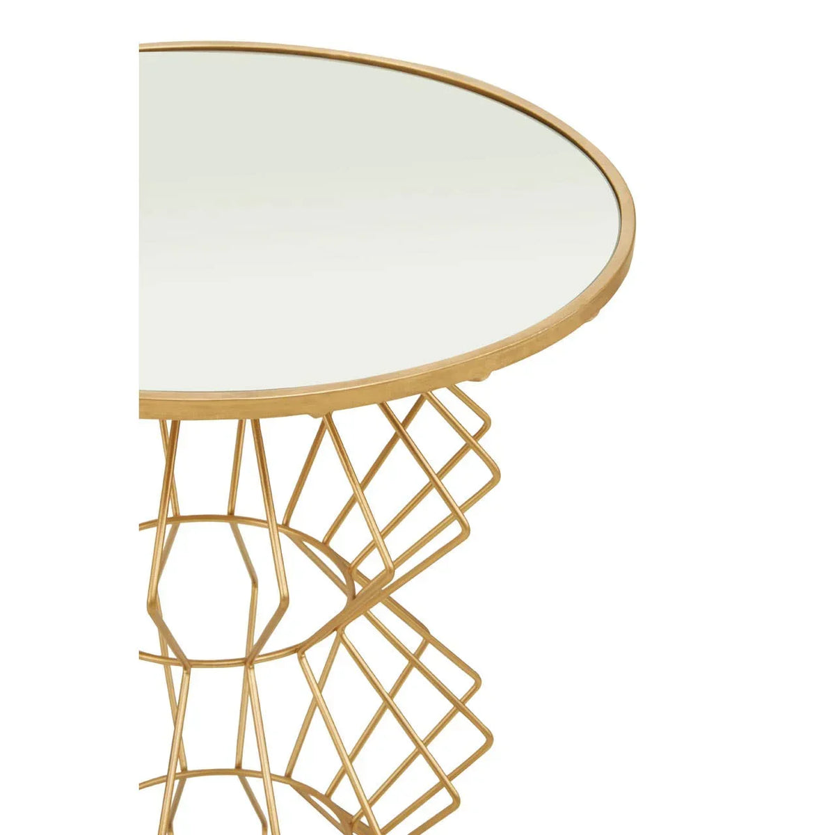 Round glass top side table with gold geometric metal base, close up view