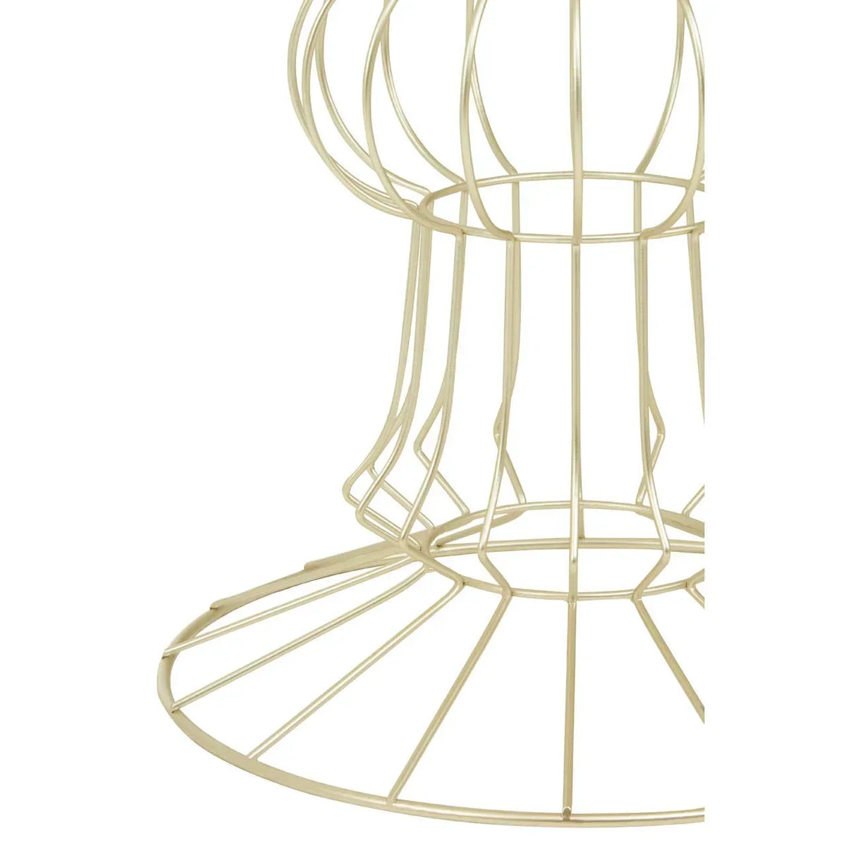 Gold metal wire table base with circular geometric design, close-up view