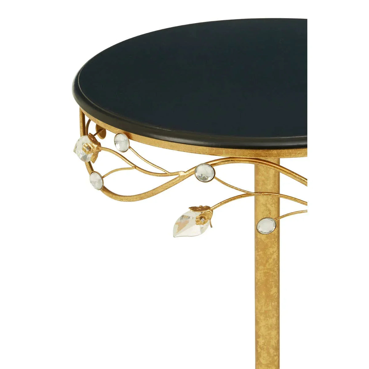 Round black and gold side table with crystal accents and floral metal detailing