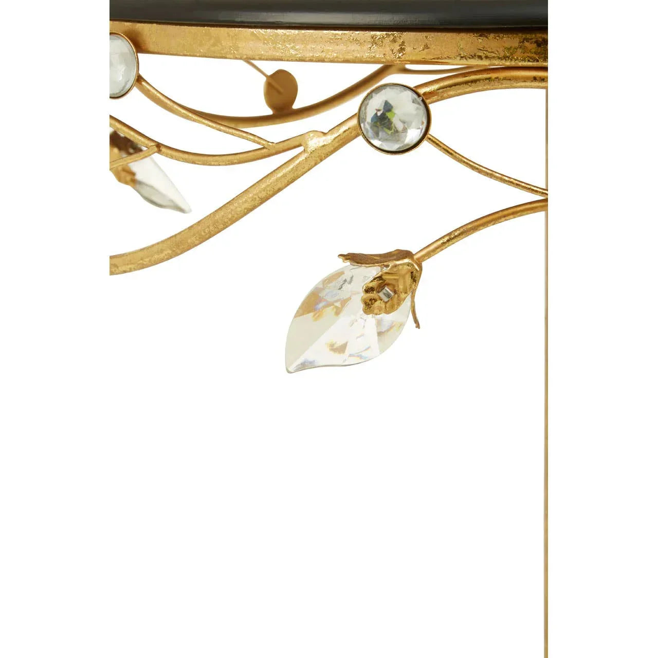 Gold metal table frame with clear crystal leaf and round gem accent detail