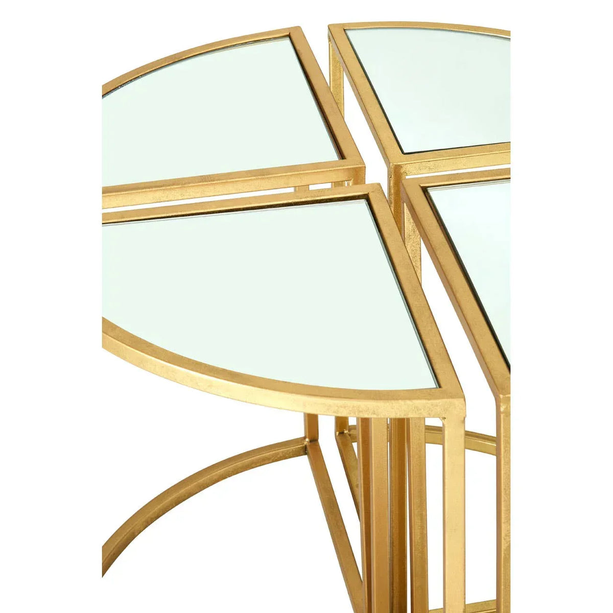 Gold and glass coffee table set with geometric quarter-circle sections