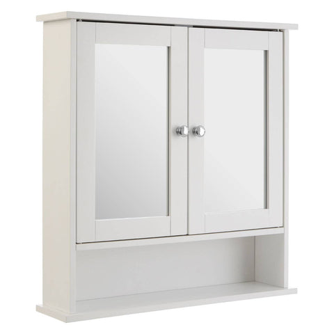 A white bathroom cabinet with two mirrored doors, featuring sleek silver handles and an open shelf at the bottom for additional storage or display. The cabinet has a modern design with clean lines and a smooth finish