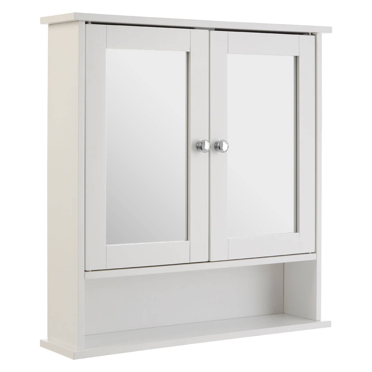 A white bathroom cabinet with two mirrored doors, featuring sleek silver handles and an open shelf at the bottom for additional storage or display. The cabinet has a modern design with clean lines and a smooth finish