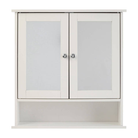 Portland bathroom cabinet featuring two mirrored doors with a sleek white finish and a lower open shelf for additional storage