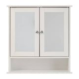 Portland bathroom cabinet featuring two mirrored doors with a sleek white finish and a lower open shelf for additional storage