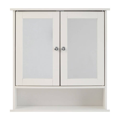 Portland bathroom cabinet featuring two mirrored doors with a sleek white finish and a lower open shelf for additional storage
