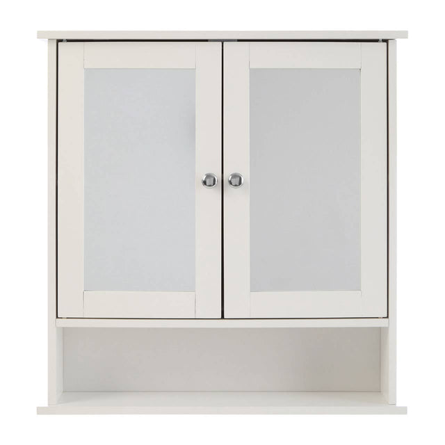 Portland bathroom cabinet featuring two mirrored doors with a sleek white finish and a lower open shelf for additional storage