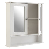 White bathroom cabinet featuring two mirrored doors, one of which is partially open to reveal an interior shelf. The cabinet has a sleek, modern design with clean lines and a minimalist aesthetic, suitable for various bathroom styles