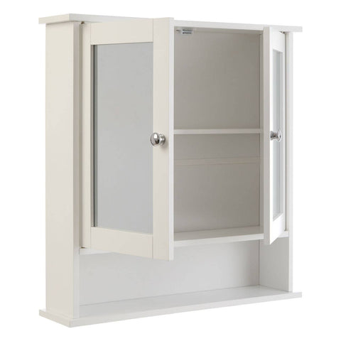 White bathroom cabinet featuring mirrored doors, two shelves inside, and a clean, modern design suitable for wall mounting