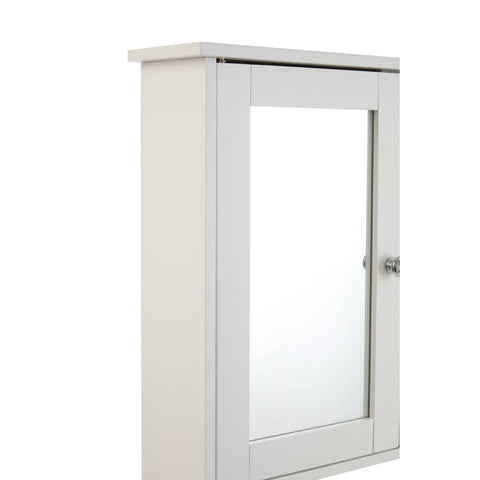 Portland bathroom cabinet featuring a sleek design with mirrored doors, a smooth white finish, and a simple knob for easy access. The cabinet is mounted on a wall, showcasing its compact size and modern aesthetic