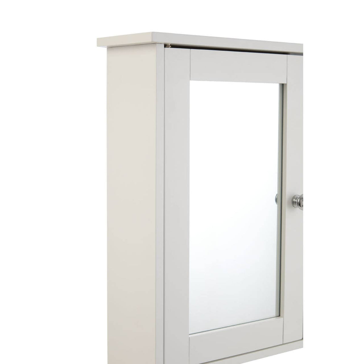 Portland bathroom cabinet featuring a sleek design with mirrored doors, a smooth white finish, and a simple knob for easy access. The cabinet is mounted on a wall, showcasing its compact size and modern aesthetic