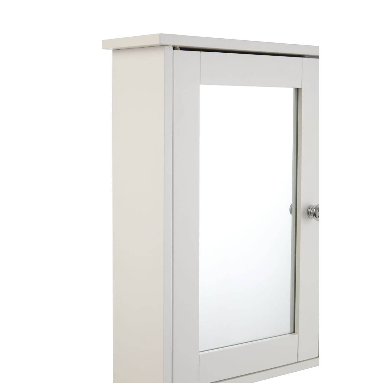 Portland bathroom cabinet featuring a sleek design with mirrored doors, a smooth white finish, and a simple knob for easy access. The cabinet is mounted on a wall, showcasing its compact size and modern aesthetic