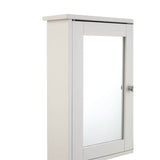 Portland bathroom cabinet featuring a sleek design with mirrored doors, a smooth white finish, and a simple knob for easy access. The cabinet is mounted on a wall, showcasing its compact size and modern aesthetic
