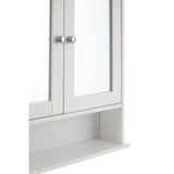 White bathroom cabinet featuring mirrored doors and sleek silver handles, with an open shelf below for additional storage