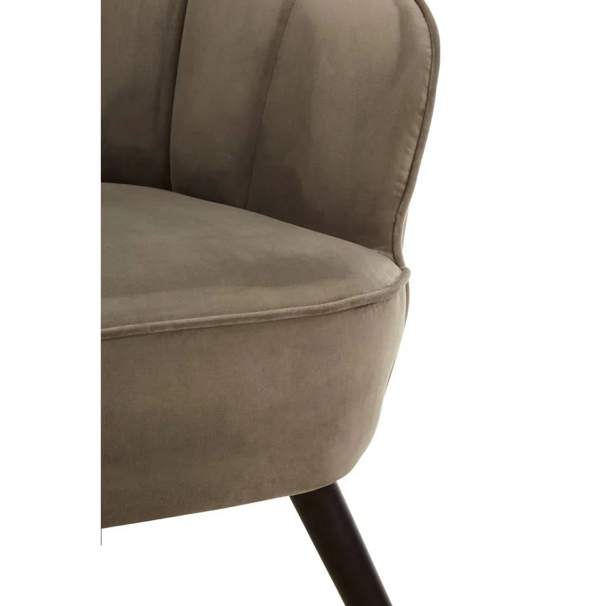 Close up of taupe upholstered chair with curved backrest and darkwood legs