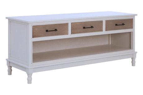 Three-drawer sideboard in a white finish with natural wood accents on the drawer fronts, featuring a spacious open shelf below. The sideboard stands on four tapered legs, showcasing a classic design suitable for home decor