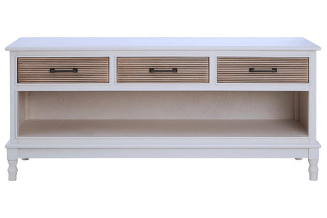 A white wooden sideboard featuring three drawers with natural wood fronts and black handles, along with an open shelf underneath for additional storage or display. The sideboard has a smooth top surface and stands on four tapered legs