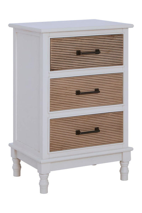 Heritage white wooden chest featuring three drawers with a natural wood finish and black metal handles, supported by four tapered legs. The chest has a smooth top surface suitable for decorative items