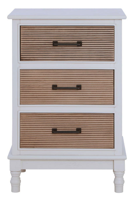 Heritage white wooden chest featuring three drawers with a textured brown front and black metal handles, supported by four sturdy legs
