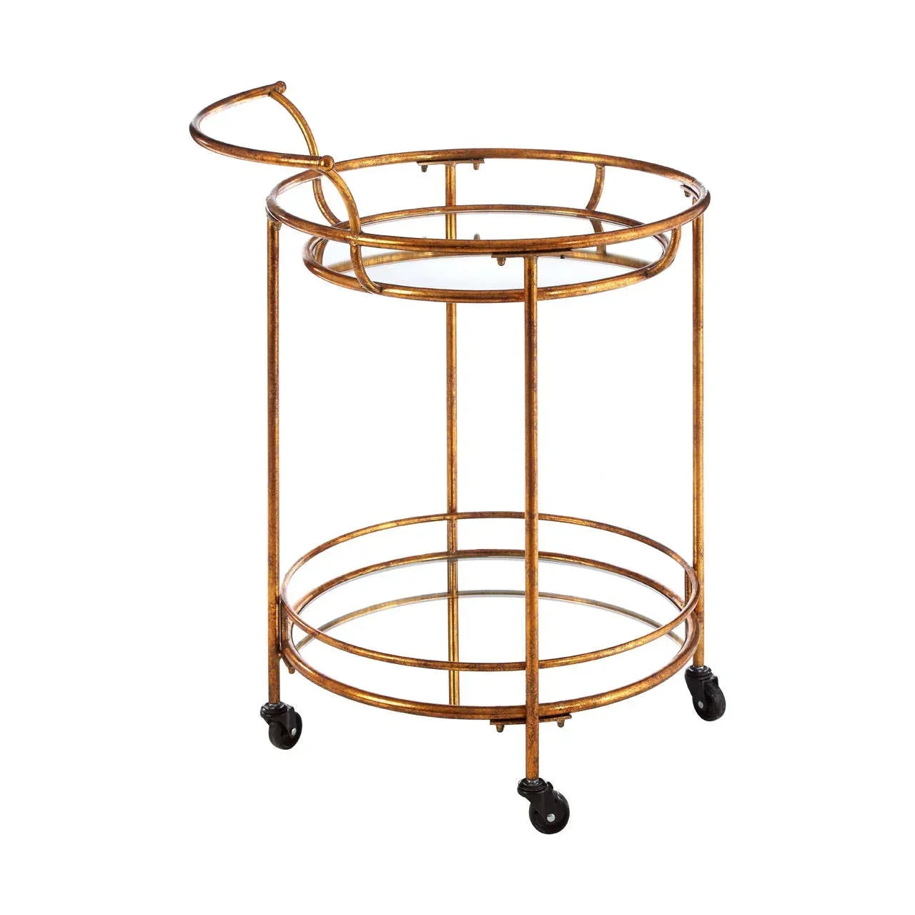 Round gold metal drinks trolley with glass shelves and caster wheels